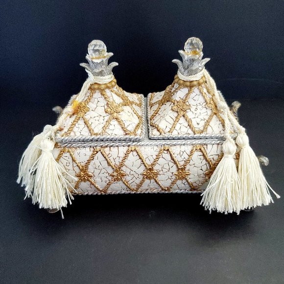 Dresser Top Trinket Chest w/ Lid Footed Faux Jewel Tassels Hand Painted Crackled - Picture 1 of 8
